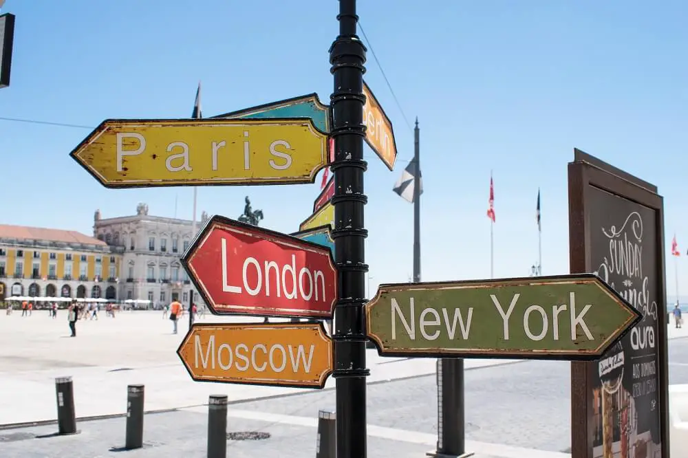 Signs pointing to major cities